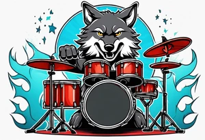 Wolf playing drum set tattoo idea