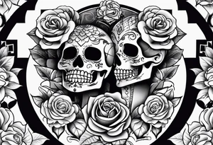 chest tattoo covering lover part of the neck. contains skulls, roses and muertos style girls tattoo idea