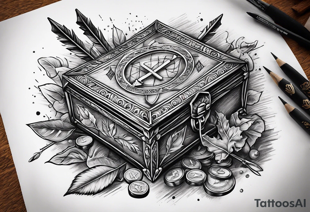 idea of adding Lucky stats to this tattoo. using 3 arrows to representing Luck, arrows stick on to a opened treasure box with gold and coins spreading everywhere. also generate word "SKINBUFFS" on the tattoo. tattoo idea