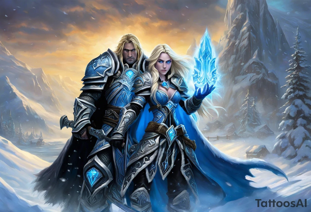 A highly detailed and emotionally charged scene depicting Arthas, the Lich King, and Jaina Proudmoore from World of Warcraft. Arthas stands as a dark, imposing figure in his Lich King armor, with glowing blue eyes and icy, deathly aura. Jaina, a powerful mage with long blonde hair, reaches out to him with a sorrowful expression, symbolizing their tragic past and lost love. The background is filled with cold, swirling mist, icy crystals, and ruins that evoke a sense of despair. The overall color palette features shades of blue, grey, and white, with soft lighting that highlights their faces and conveys the melancholic atmosphere. The style is realistic with a touch of fantasy magic, capturing the dramatic tension and deep emotional connection between these iconic characters. tattoo idea