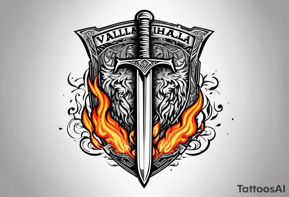 Valhalla on  fire shield sword tattoo idea
