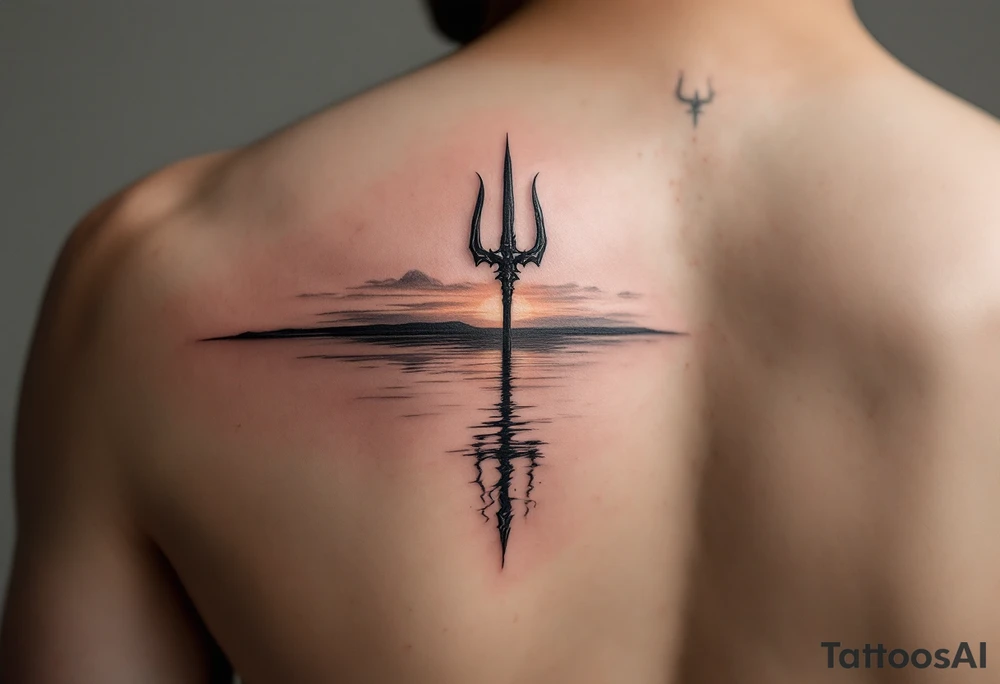 trident half way under calm water with sunset tattoo idea