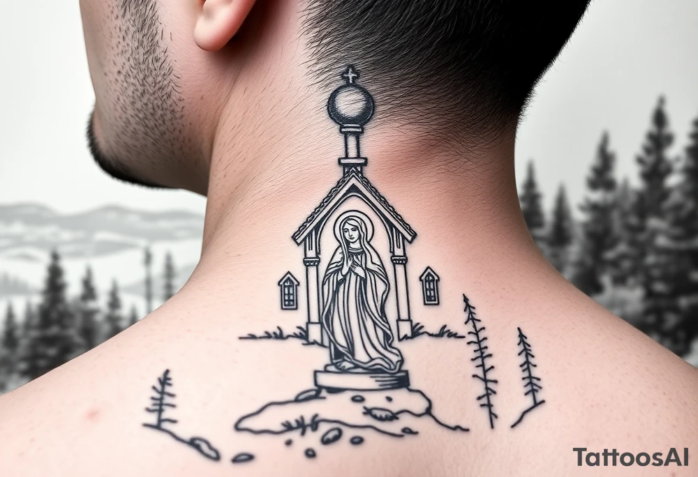 Traditional russian orthodox church in a wilderness setting with a prominent orthodox style virgin mary tattoo idea
