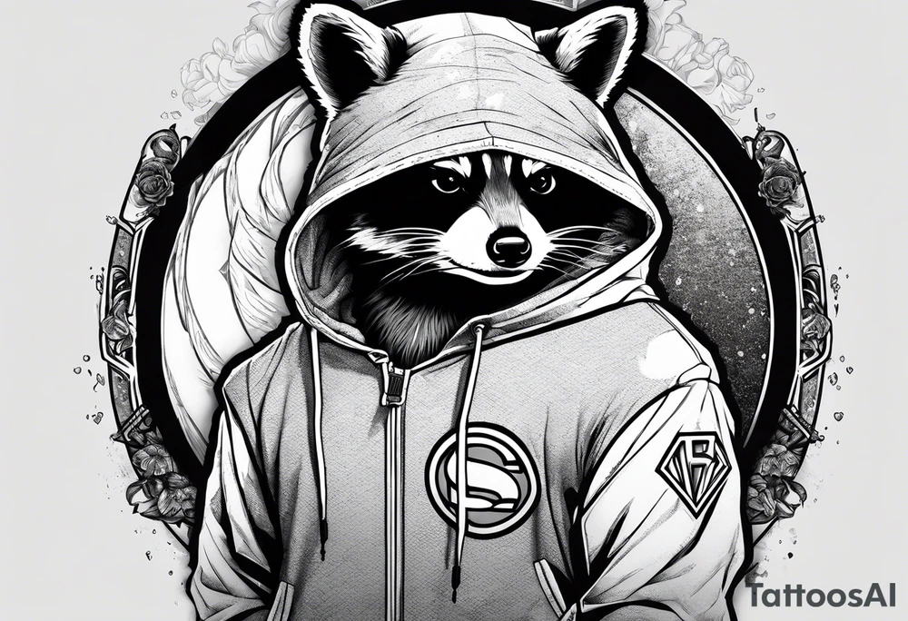 raccoon wearing a Superman hoodie tattoo idea