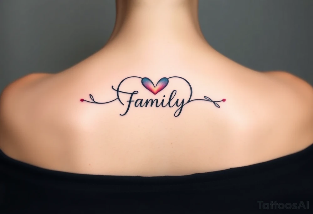 An infinity symbol with a heart-shaped infinity loop, and the word "family" elegantly placed at the center in a soft script tattoo idea