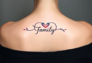 An infinity symbol with a heart-shaped infinity loop, and the word "family" elegantly placed at the center in a soft script tattoo idea