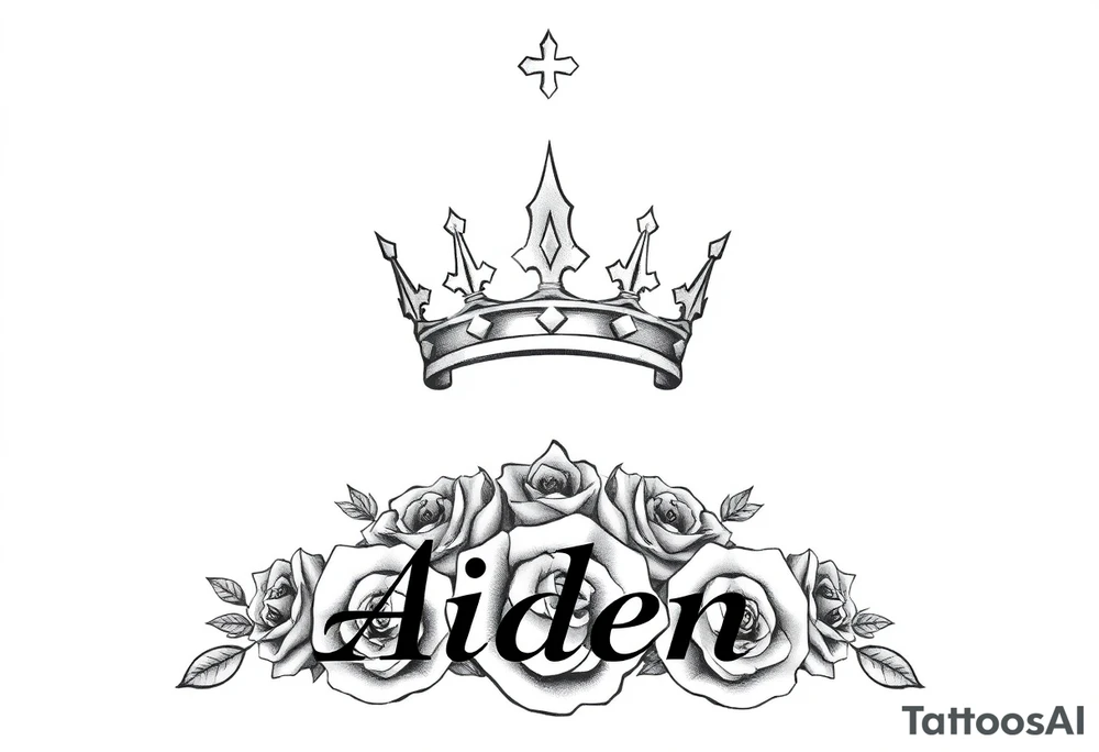 Medium size Kings crown above the name Aiden and roses tattoo idea