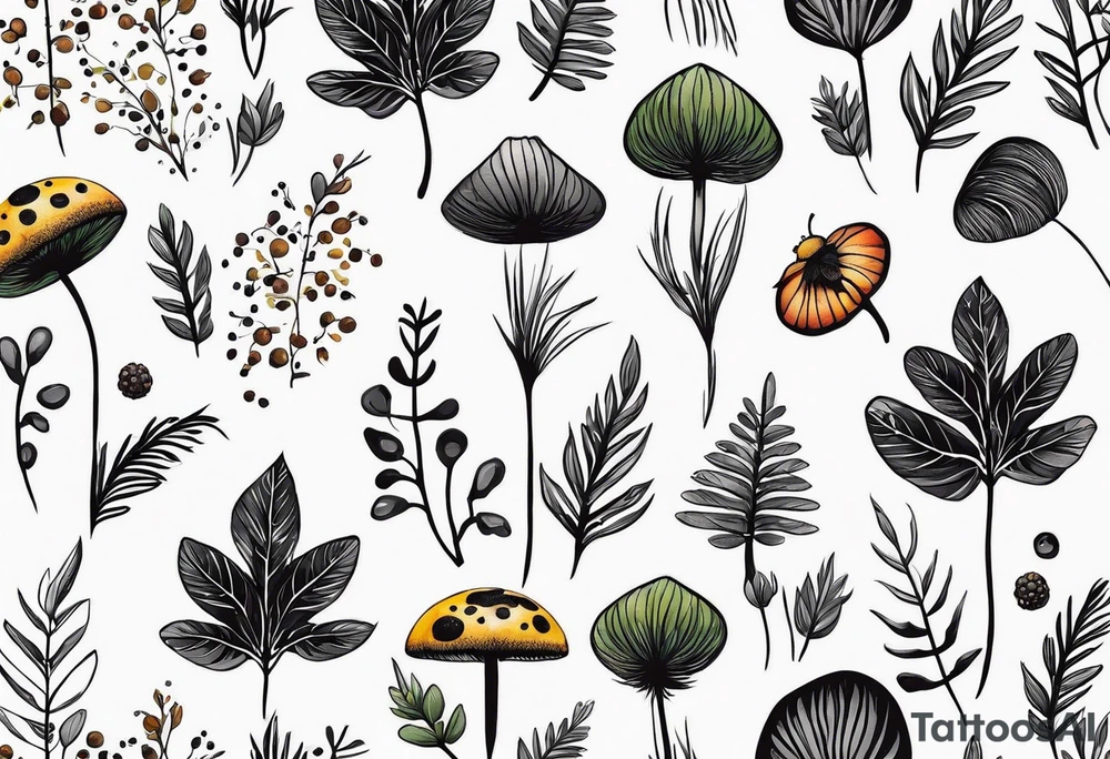 forest floor inspired minimalist tattoo, which includes grass, curly ferns, moss and dead leaves as the bulk of the tattoo. details to include: forest berries, a tiny bumblebee flying nearby, three small brown mushrooms
Generate a vertically long one tattoo idea