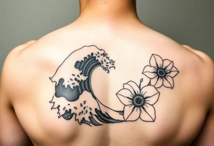 japanese waves and flowers tattoo idea