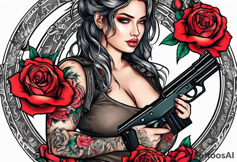 Beautiful angle with tattoos surrounded by roses holding a gun tattoo idea