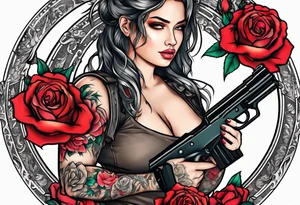 Beautiful angle with tattoos surrounded by roses holding a gun tattoo idea