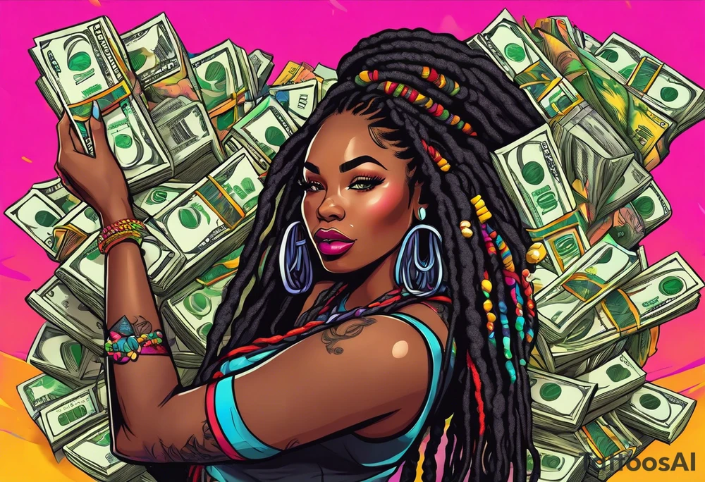 beautiful thick black women with long straight dreadlocks, new school style, holding piles of money, colorful, neon, bright, streetwear, streetstyle, urban tattoo idea