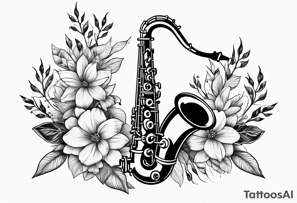 A saxaphone with flowers coming out  (in the appearance of musical notes) tattoo idea
