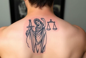 Neotraditional Lady Justice tattoo, in greco-roman robe, roman sword in one hand facing down, scales in other hand, rich colors tattoo idea