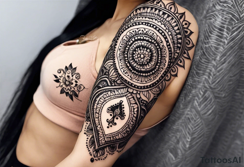 Full sleeve arm mandala henna female tattoo with mushroom henna at shoulder tattoo idea