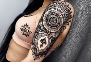 Full sleeve arm mandala henna female tattoo with mushroom henna at shoulder tattoo idea