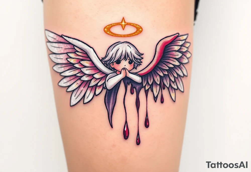Seraphim angel, with brilliant white wings that shine with golden accents and divine light, is contrasted with a fallen angel, whose wings are tattered and darkened with deep purples, reds, and blacks, dripping with sorrowful tears of blood. tattoo idea