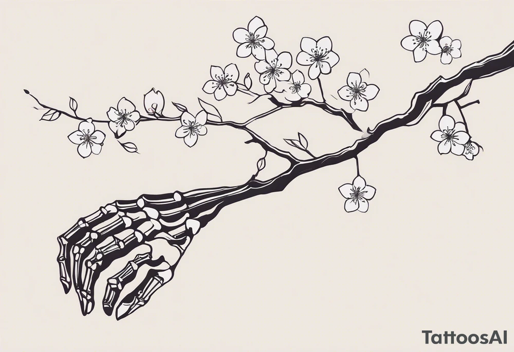Sure thing! To guide the AI in drawing your tattoo design, you can provide step-by-step instructions like this:

1. Start by drawing a human hand pointing at a skeleton hand on the left shoulder.
2. From the wrist of the human hand, draw a cherry blossom branch sprouting out.
3. Let the branch travel down the arm, wrapping around the bicep once.
4. Narrow the branch to fit through a 7 cm gap on the forearm.
5. Finally, end the branch in a 10 cm gap on the wrist, adding more blossom flora to complete the design.

These detailed instructions should help the AI create a visual representation of your envisioned tattoo. tattoo idea