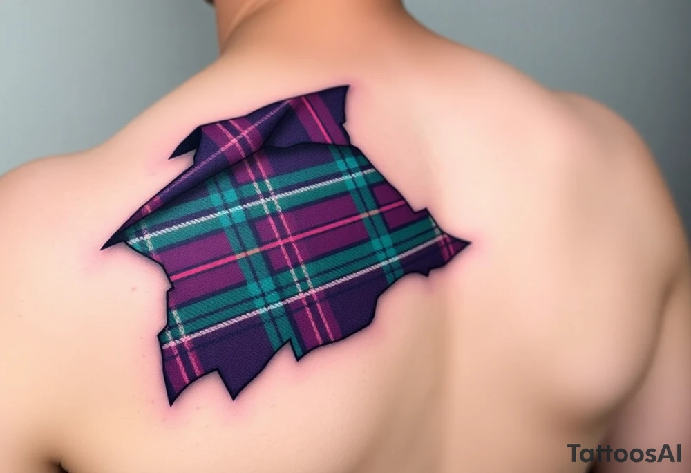 Dark Purple with green pink blue and white highlights tartan fabric with skin around edges peeling and wrapping around side of shoulder tattoo idea