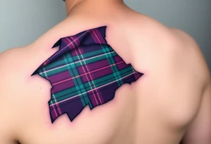 Dark Purple with green pink blue and white highlights tartan fabric with skin around edges peeling and wrapping around side of shoulder tattoo idea