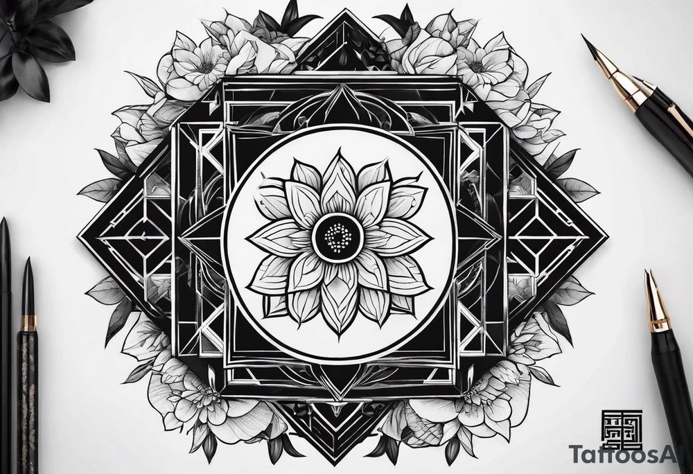 Very asymmetrical, +geometric pattern, with realistic full moon, with hippo, +zen feel, + Buddhism touch, +tribal, +geometric, +inkart 
with wintersweet flower bud, +portrait orientation, +inkart touch, tattoo idea