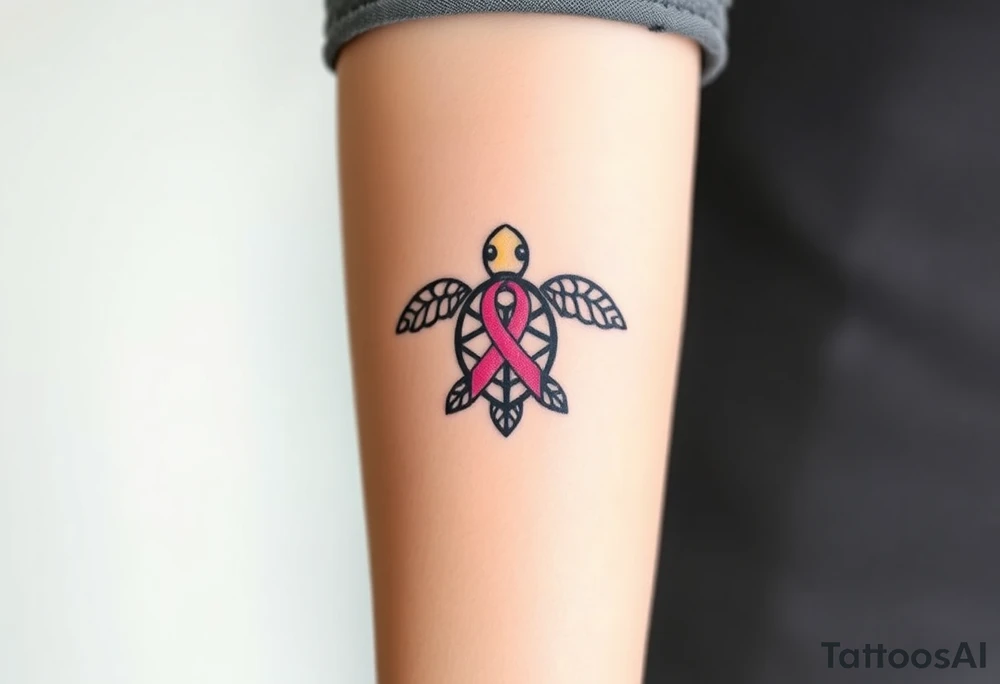 ‘I am here’ with breast cancer pink ribbon as I with Hawaiian theme sea turtle tattoo idea