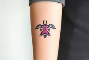 ‘I am here’ with breast cancer pink ribbon as I with Hawaiian theme sea turtle tattoo idea