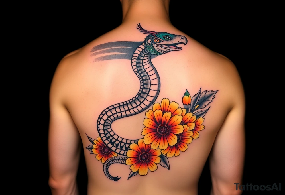 Full arm tattoo design featuring two solid black bands — one covering an upper arm tribal band and one wrapping the lower forearm. A vibrant Aztec feathered serpent (Quetzalcoatl) coils upward through the arm, overlapping the black bands with white contrast linework over the black. The serpent is detailed with bright Hispanic colors — turquoise, red, orange, and gold. Surrounding the serpent and filling negative space are Mexican marigold flowers in warm orange and yellow hues. The style is realistic tattoo design, highly detailed, with strong contrast between solid black and vivid color tattoo idea