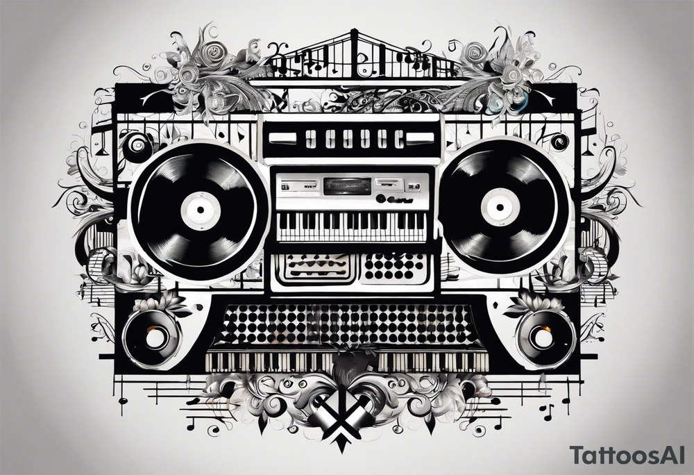 This tattoo features a stylized assembly of various music-related elements. At the center is a cassette tape with realistic details and proportions. It is overlaid with a keyboard, the keys extending outward on one side. Intertwined with these are abstract designs, including straight and wavy lines, geometric shapes like triangles, and scientific elements like an atom model. Additionally, a detailed avian creature perches on the tape, adding an organic touch to the otherwise geometric and mechanical motif. tattoo idea