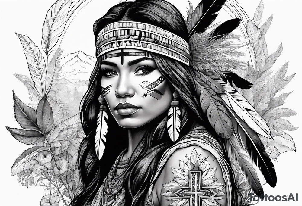 Native American holding a cross with plants and nature behind her, half sleeve tattoo idea