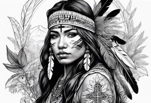 Native American holding a cross with plants and nature behind her, half sleeve tattoo idea