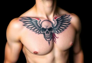 Angel skull black and red on left chest male tattoo idea