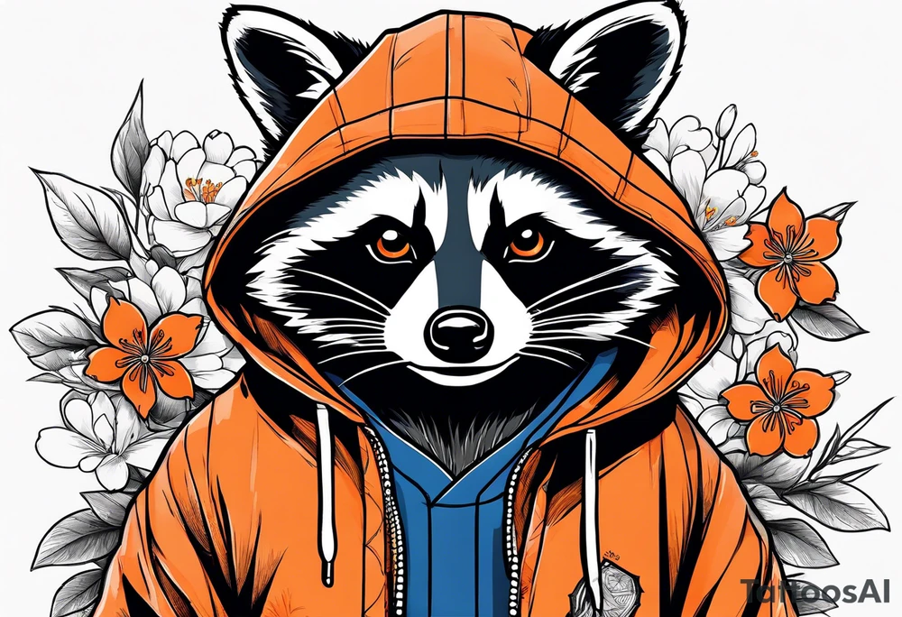 raccoon wearing a black and white Superman hoodie and orange Japanese cherry blossoms tattoo idea