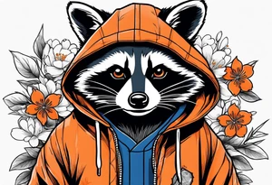 raccoon wearing a black and white Superman hoodie and orange Japanese cherry blossoms tattoo idea