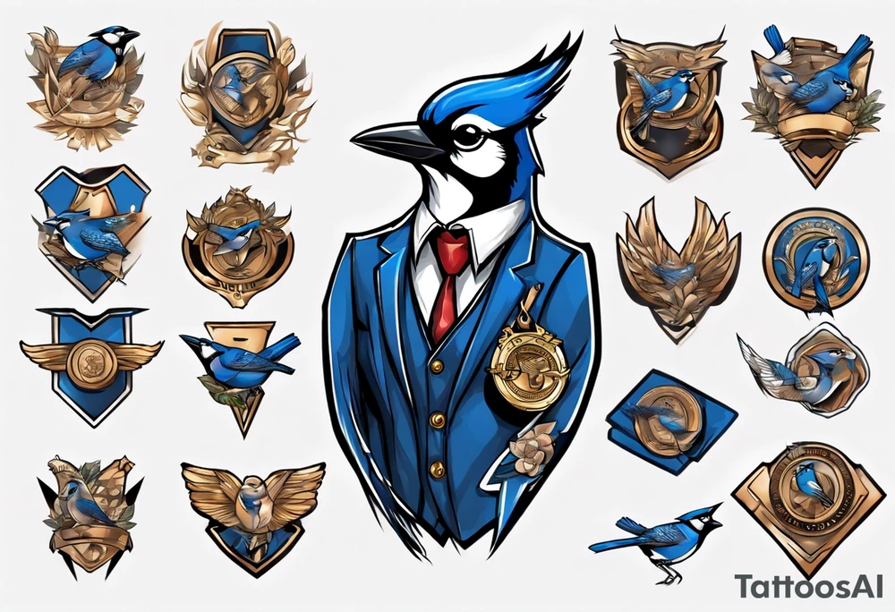 bluejay in a suit with a medal on around neck tattoo idea