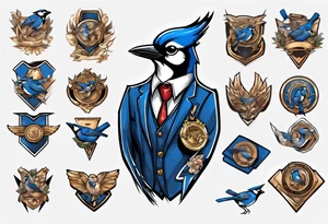 bluejay in a suit with a medal on around neck tattoo idea
