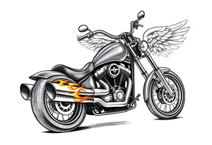 Low rider grey motorcycle, big muffler pipes with flames, angel wings, driving away, no person tattoo idea