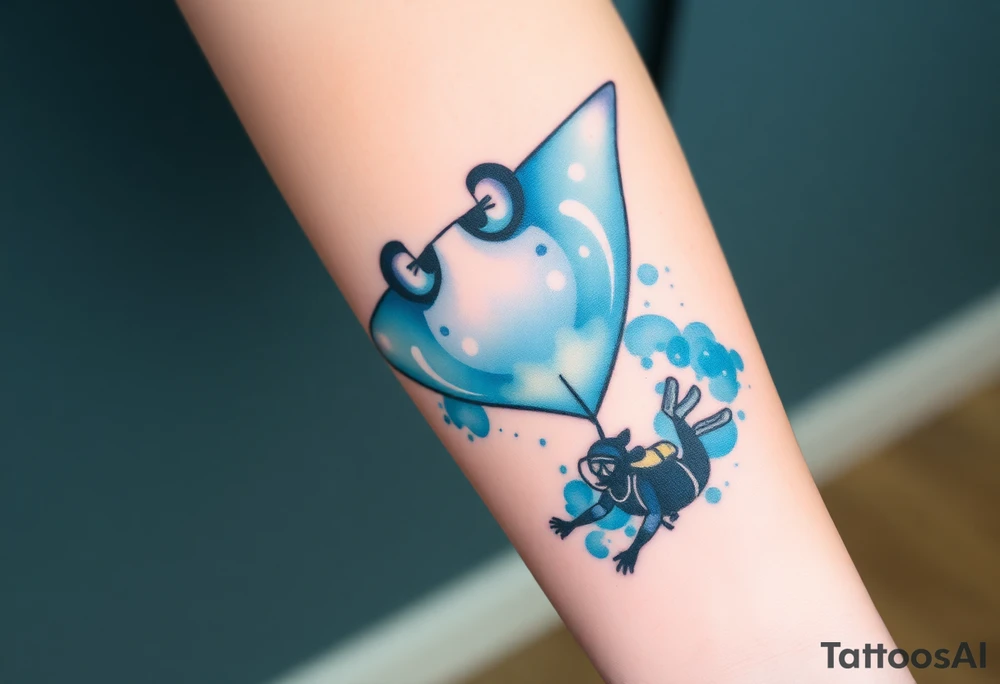 Manta ray silhouette, scuba diver underneath, water backround tattoo idea