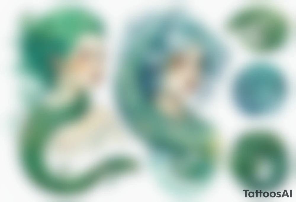 a sea serpent next to an Irish woman with blue-green hair wearing a white tunic tattoo idea