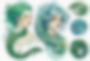 a sea serpent next to an Irish woman with blue-green hair wearing a white tunic tattoo idea