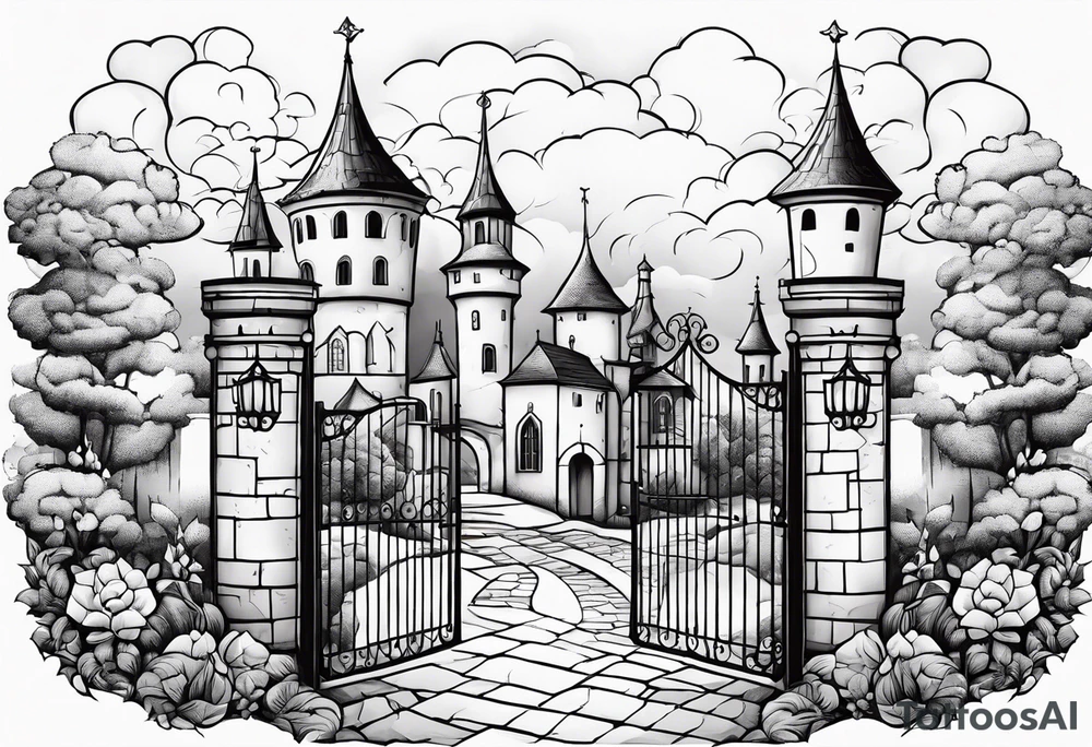 sky medieval town garden with towers small houses gate entrance 
 in rounded vignette surrounded by clouds tattoo idea