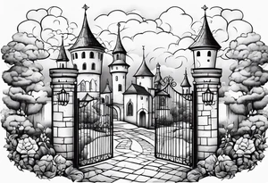 sky medieval town garden with towers small houses gate entrance 
 in rounded vignette surrounded by clouds tattoo idea