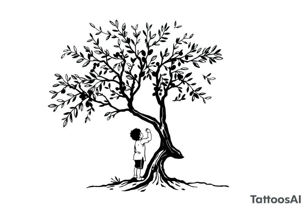 An olive tree with a child and his parents picking iy tattoo idea