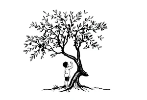 An olive tree with a child and his parents picking iy tattoo idea