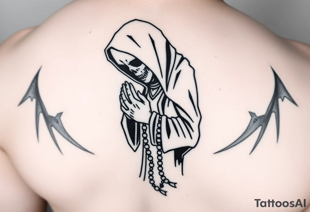 A black-and-white tattoo design of the Grim Reaper. He is standing straight in a geometric art style. His head is bowed, and his hands are clasped in prayer, with rosary beads wrapped around them. He looks down toward the beads tattoo idea
