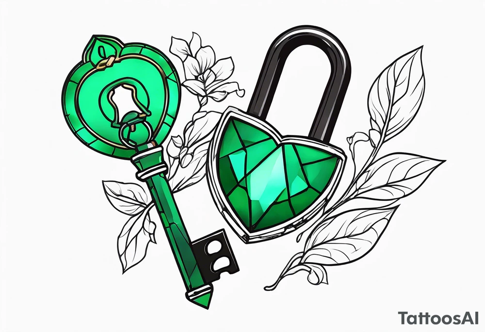 Lock and key with emerald stone tattoo idea