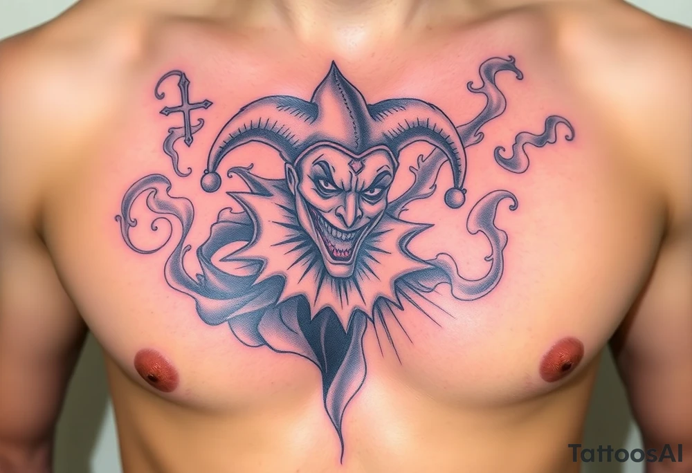 jester in a fog of smoke tattoo idea