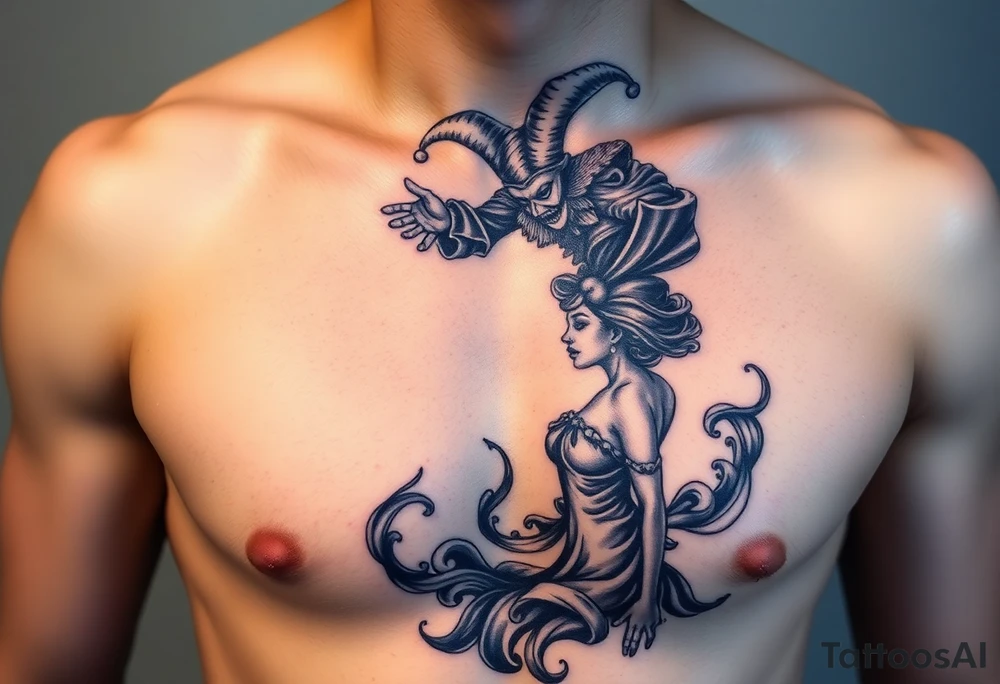 jester hovering over woman in smoke tattoo idea