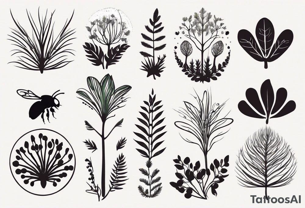 forest floor inspired minimalist tattoo, which includes grass, curly ferns, moss and dead leaves as the bulk of the tattoo. details to include: forest berries, a tiny bumblebee flying nearby, three small brown mushrooms
Generate a vertically long one tattoo idea