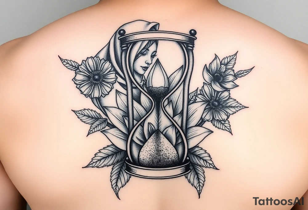 Broken hour glass with a lotus flower and woman with hijab in background tattoo idea